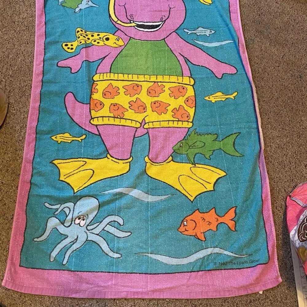 Vintage 1992 Barney Beach Towel 55”x28” Snorkeling Underwater Fishies Colorful